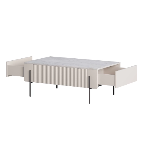 Stolik kawowy z szufladami Malmi 100 cm - kaszmir / crema bianca / czarne nóżki